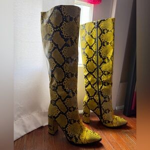 Yellow Snake-Print Over-the-Knee Boots with Chunky Heel